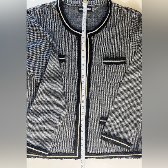 Karl Lagerfeld Tweed Blazer Jacket Large Black Grey White Wool Blend Timeless - Picture 10 of 11